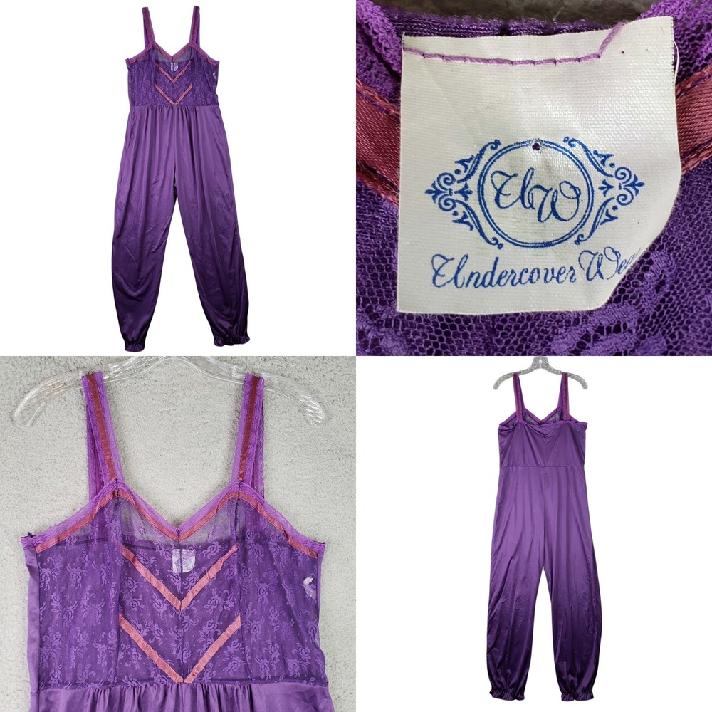 Vtg Undercover Wear Jumpsuit Nightgown 80s Women M Purple Lace Harem Leg Purple